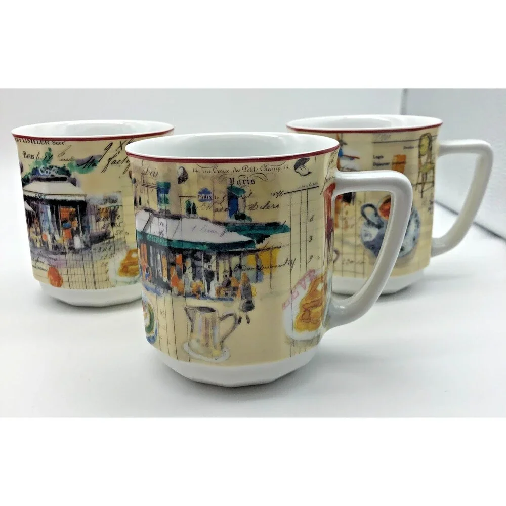 Williams Sonoma Marc Lacaze Coffee Mug Set of 3 Paris Cafe Scenes 2009